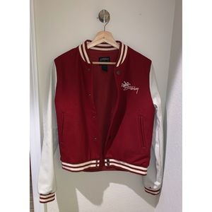 Stussy, Red and White Bomber/Varsity Jacket